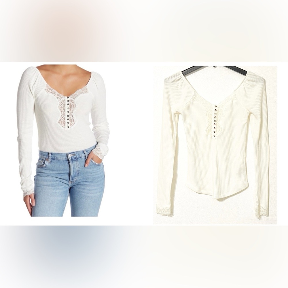 Free People Button Up Lace Trim Detail Long Sleeve Ribbed Top Ivory Fitted